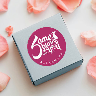 Whimsical Somebunny Love Red White Bunny Typo Classic Round Sticker