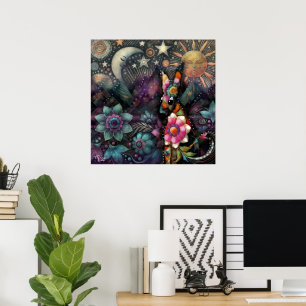 Whimsical Southwest Coyote Animal Floral Sun Moon Poster
