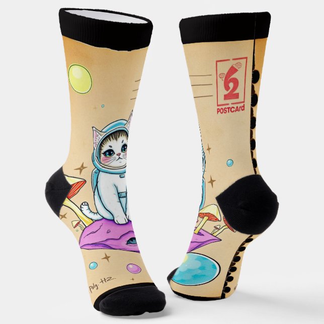 Whimsical Space Cat Retro Socks (Angled)