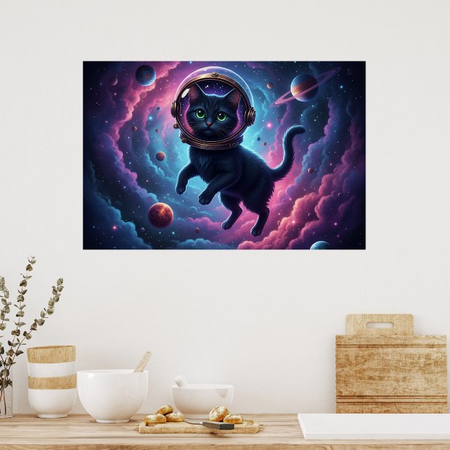 Whimsical Space Cat Wall Art Print for Cat Lovers (Kitchen)