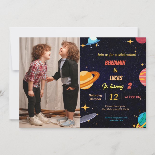 Whimsical Space twins boy birthday party  Invitation (Front)