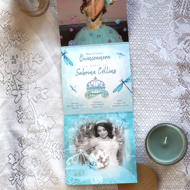 Whimsical Sparkles Turquoise Dragonfly Quinceañera Tri-Fold Holiday Card (aquamarine, turquoise quinceanera, whimsical dragonflies horse carriage invitations, trifold)