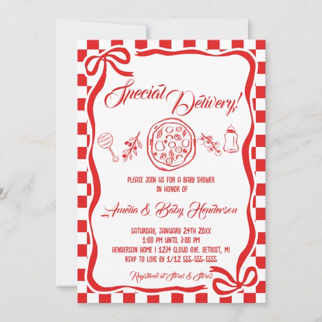 Whimsical Special Delivery Italian Pizza Baby Show Invitation (Front)