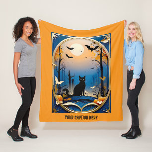 Whimsical spooky black cat themed customise text fleece blanket
