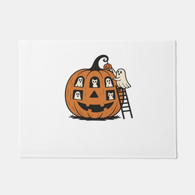 Whimsical Spooky Pumpkin with Ghosts, Cats & Hallo Doormat (Front)