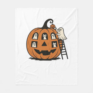 Whimsical Spooky Pumpkin with Ghosts, Cats & Hallo Fleece Blanket