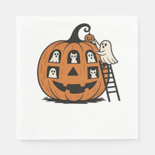 Whimsical Spooky Pumpkin with Ghosts, Cats & Hallo Napkin