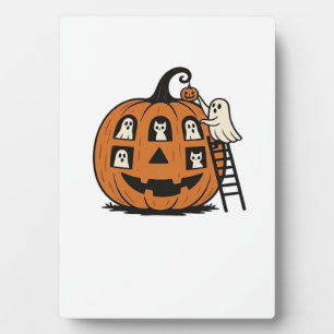 Whimsical Spooky Pumpkin with Ghosts, Cats & Hallo Plaque