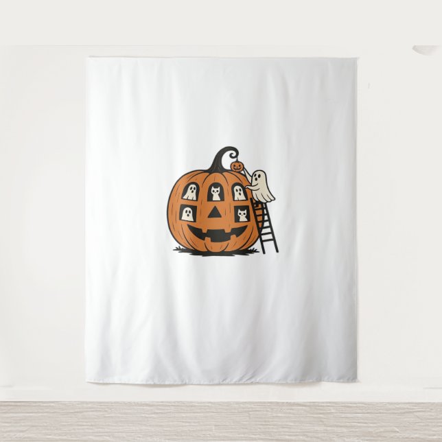 Whimsical Spooky Pumpkin with Ghosts, Cats & Hallo Tapestry (Front)