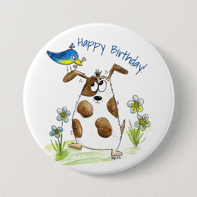 Whimsical Spotted Dog with Bird 7.5 Cm Round Badge (Front)