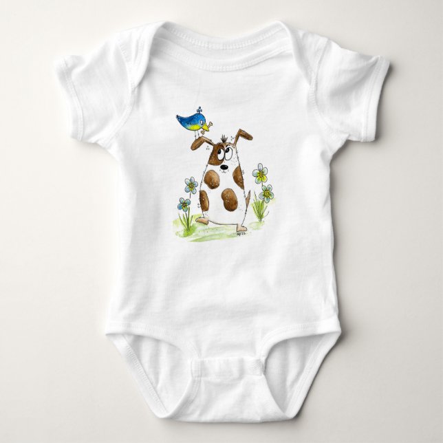 Whimsical Spotted Dog with Bird Baby Bodysuit (Front)