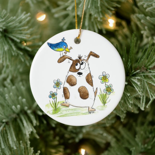 Whimsical Spotted Dog with Bird Ceramic Tree Decoration (Tree)