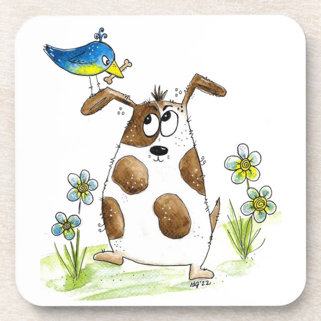 Whimsical Spotted Dog with Bird Coaster (Front)
