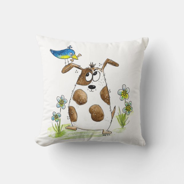 Whimsical Spotted Dog with Bird Cushion (Front)