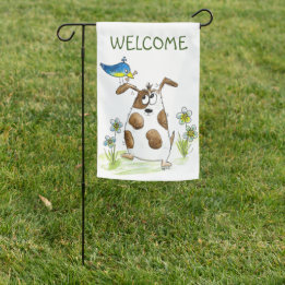 Whimsical Spotted Dog with Bird Garden Flag
