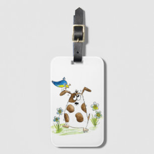 Whimsical Spotted Dog with Bird Luggage Tag