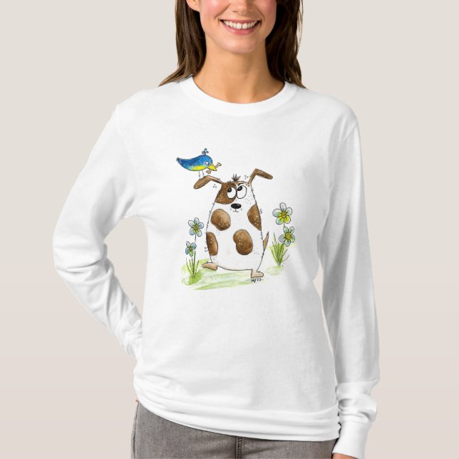 Whimsical Spotted Dog with Bird T-Shirt (Front)
