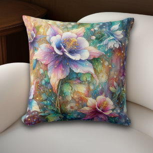 Whimsical Spring Columbines Floral Watercolor Cushion