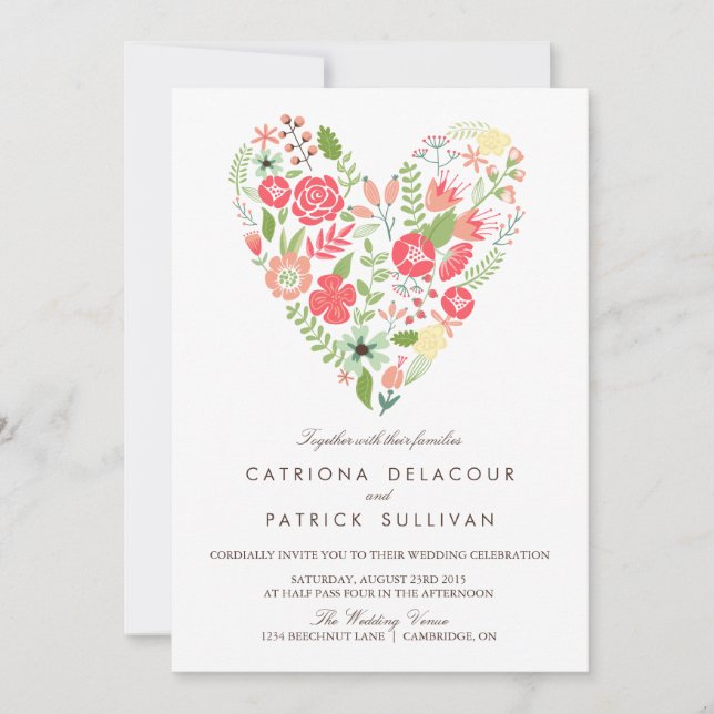 WHIMSICAL SPRING FLORAL HEART WEDDING INVITATION (Front)