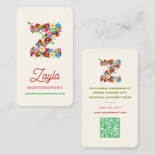 Whimsical Spring Floral Z Monogram Name Creative Business Card (Front/Back)