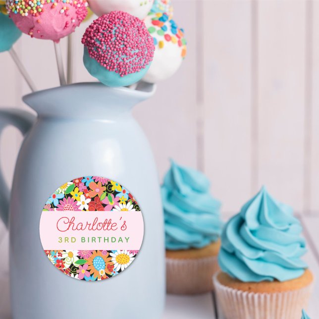Whimsical Spring Flowers Garden Birthday Party Classic Round Sticker (Whimsical Colorful Spring Flowers Garden Girl's Birthday Party Favor Round Sticker @ fat_fa_tin)