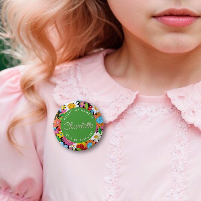 Whimsical Spring Flowers Garden Girl's Birthday 6 Cm Round Badge (KID'S NAME Whimsical Spring Flowers Garden Girl's Birthday Party Name Tag / Pin Button @ fat_fa_tin)