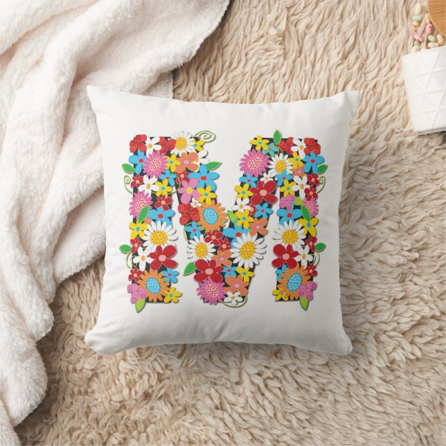 Whimsical Spring Flowers Garden Name Monogram 'M' Cushion (Blanket)