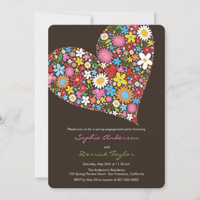Whimsical Spring Flowers Heart Engagement Invite (Front)