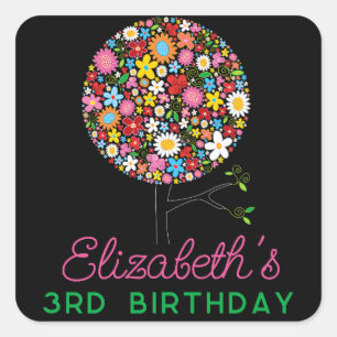 Whimsical Spring Flowers Pop Tree Kid Birthday Square Sticker