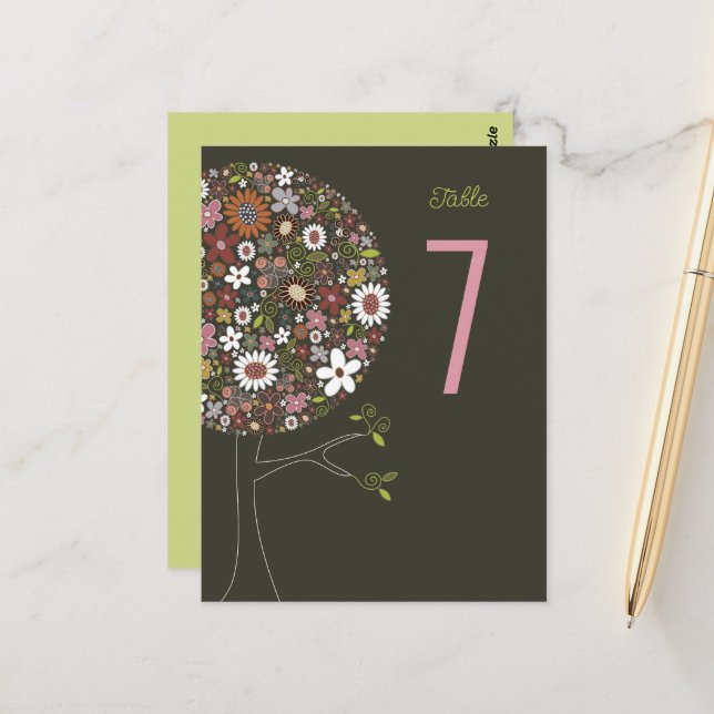 Whimsical Spring Flowers Pop Tree Table Number Postcard (Front/Back In Situ)