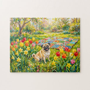 Whimsical Spring Garden Mops Dog Illustration Jigsaw Puzzle