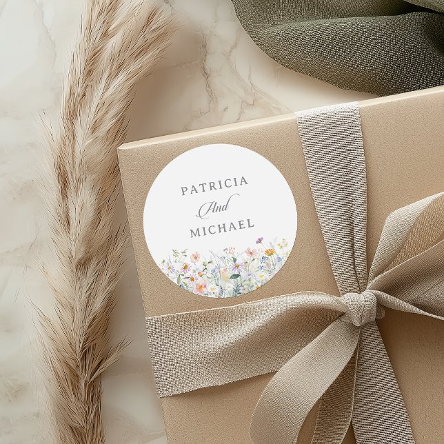 Whimsical Spring Garden Wildflower Wedding  Classic Round Sticker (Creator Uploaded)