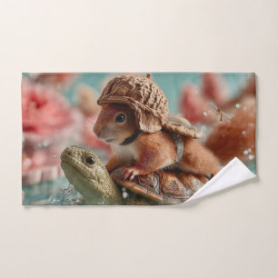 Whimsical Squirrel Riding a Turtle Hand Towel