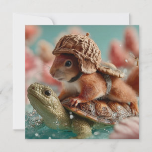 Whimsical Squirrel Riding a Turtle  Holiday Card