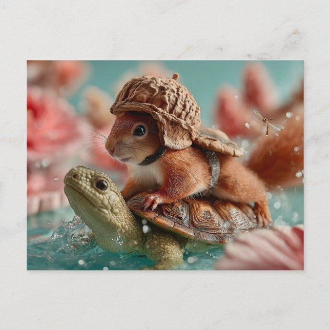 Whimsical Squirrel Riding a Turtle  Holiday Postcard (Front)