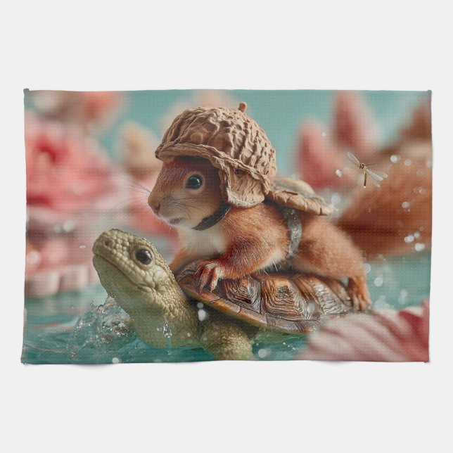Whimsical Squirrel Riding a Turtle  Tea Towel (Horizontal)