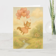Whimsical Squirrel with Heart Balloons Valentine 