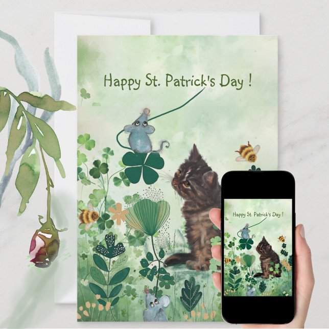 Whimsical St. Patrick's Day  Holiday Card (Whimsical St. Patrick's Day Holiday Card featuring cat and mouse and shamrocks)