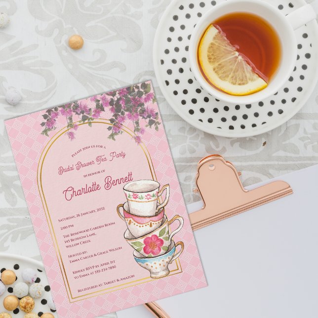 Whimsical Stacked Teacups Bridal Shower Tea Party Invitation (Whimsical Stacked Teacups Bridal Shower Tea Party Invitation)
