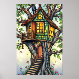 Whimsical Stained Glass Treehouse Poster