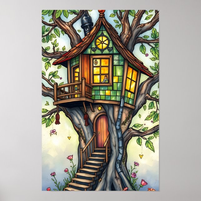 Whimsical Stained Glass Treehouse Poster (Front)
