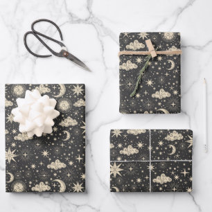 Whimsical Star Moon Planets Clouds  Wrapping Paper Sheet
