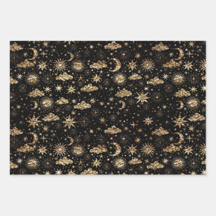 Whimsical Star Moon Planets Gold On Black Wrapping Paper Sheet