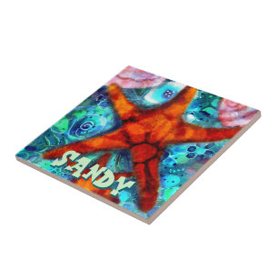 Whimsical Starfish Seashells Beach Personalized Tile