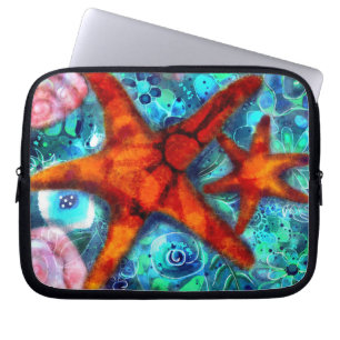 Whimsical Starfish Seashells Beach Teal Pink Laptop Sleeve