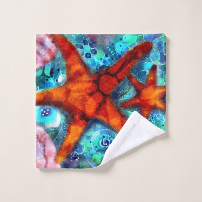 Whimsical Starfish Seashells Beach Teal Pink Wash Cloth (Wash Cloth)