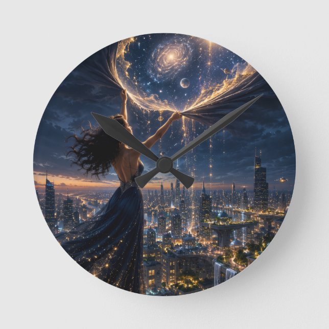 Whimsical Starry Night Cityscape Wall Clock (Front)