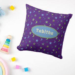 Whimsical Stars and Moons on Purple Personalised Cushion