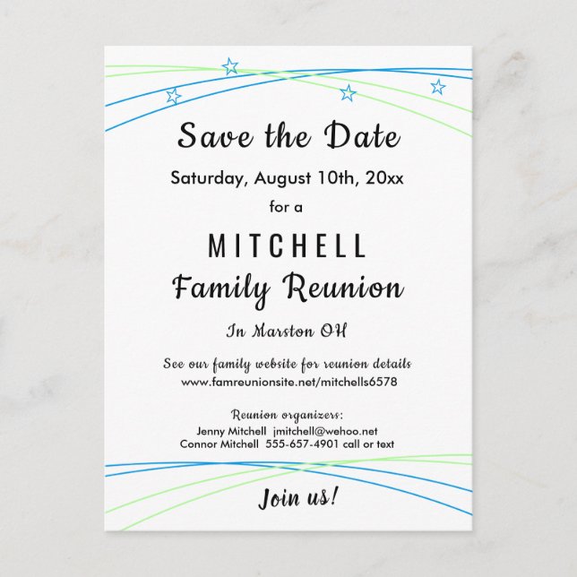 Whimsical Stars Family Reunion Save the Date Announcement Postcard (Front)