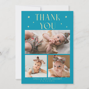 Whimsical Stars Photo Grid Aqua Blue Birth Announcement